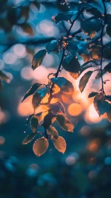 Dusk-lit droplets crown quiet leaves in glowing bokeh haze