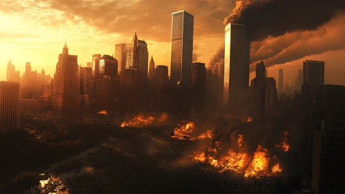 Burning city skyline glows under a heavy apocalyptic sunset