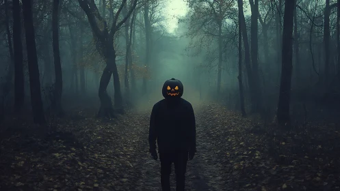 Pumpkin-headed wanderer glows gently in a misty forest path