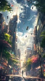 Dreamy city street glowing with falling light and color.