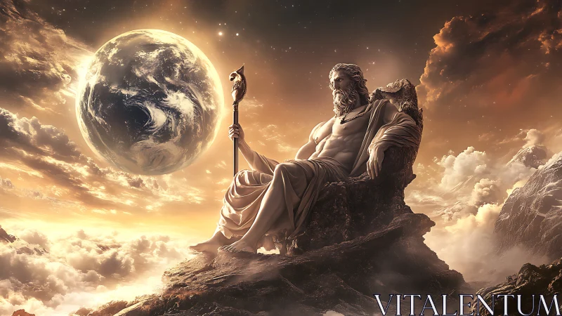 Mythic sky god enthroned above clouds in golden cosmos.