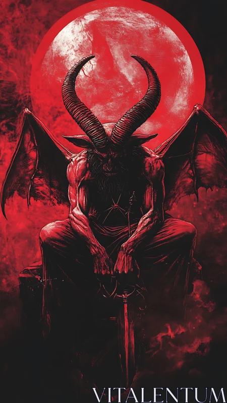 Horned shadow under the blood moon waits in silence.