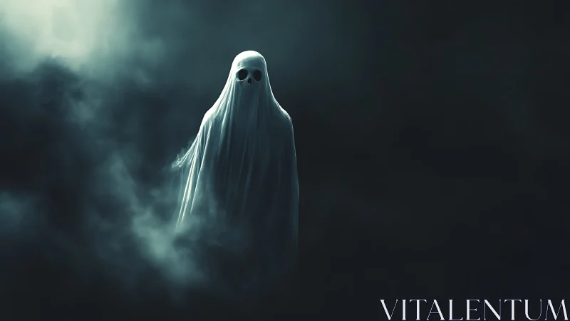 Lone sheeted specter drifts gently through charcoal fog