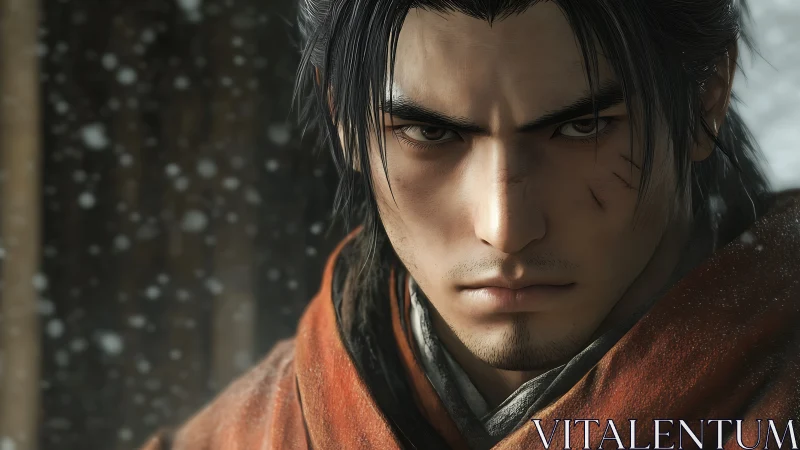 Battle-scarred warrior portrait in cinematic snowfall lighting.