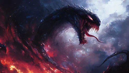 Serpentine void demon erupting from storm of fire and ash.