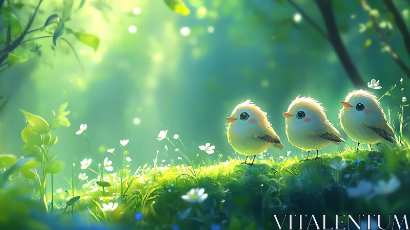 Three Cute Cartoon Birds on Mossy Forest Floor, Soft Pastel Illustration.