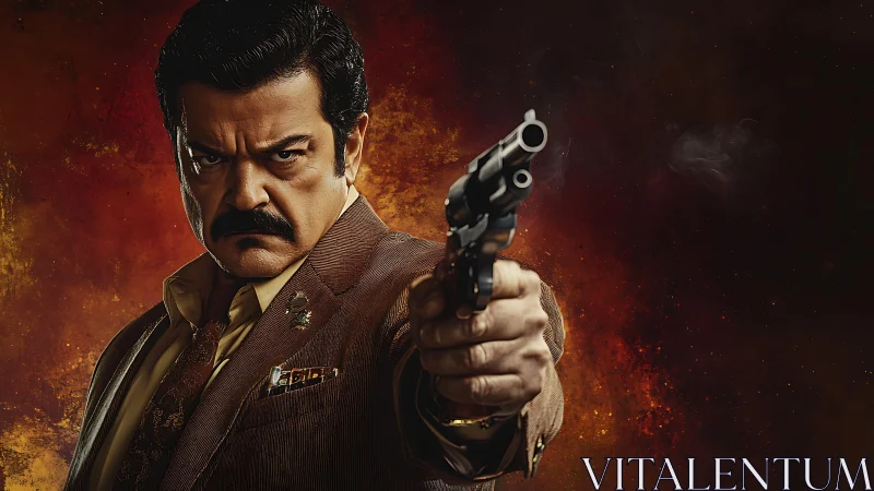 Man in brown suit aiming revolver against fiery backdrop.