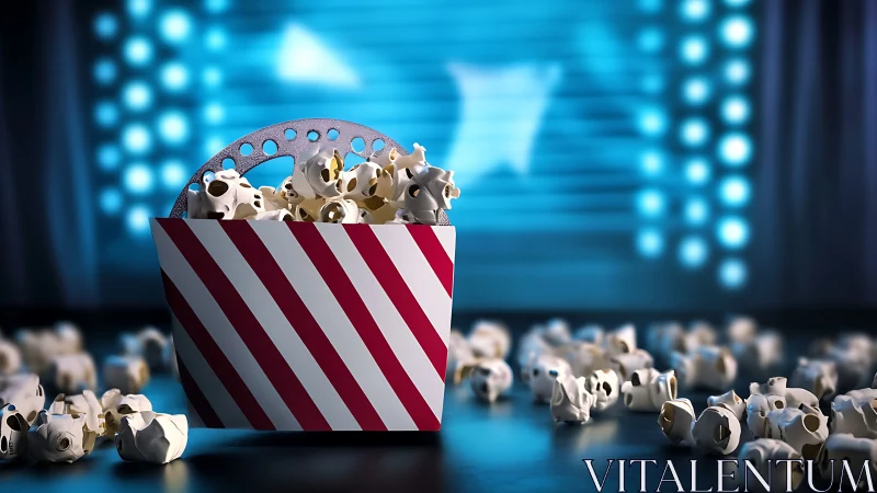 Cinema popcorn tub glows against vibrant blue theater lights