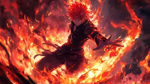 Fiery anime sorcerer unleashes swirling inferno of power.