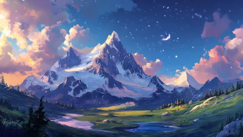 Snowcapped peak rises over luminous valley twilight sky.