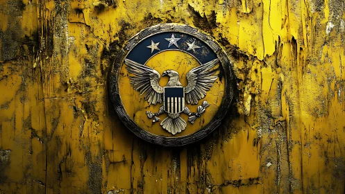 Emblem with eagle relief mounted on distressed yellow wall
