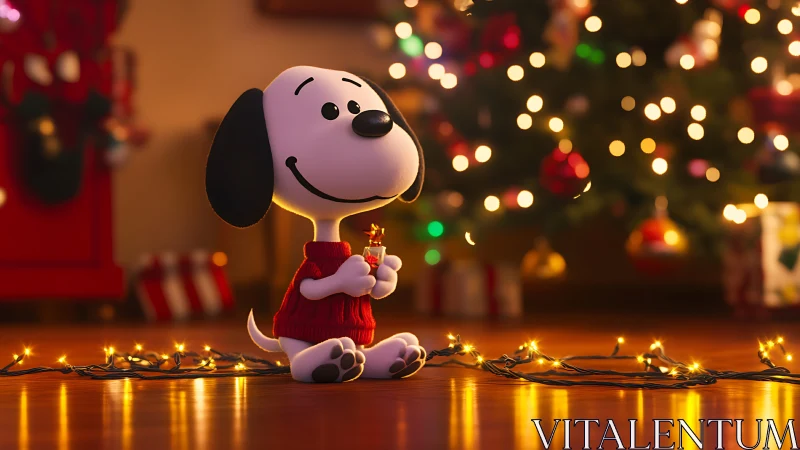 Puppy in red sweater cradles Christmas magic by tree lights.