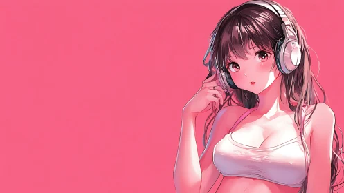 Anime girl with headphones stands against uniform pink backdrop
