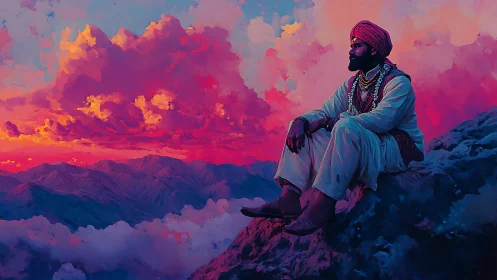 Mystic mountain dreamer under electric sunset clouds.