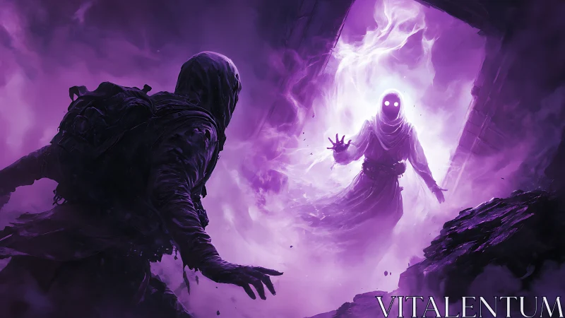 Hooded figure confronts glowing spectral entity in purple fog