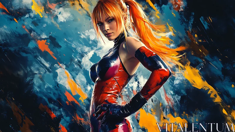 Flame‑haired cyber heroine amid explosive abstract strokes.