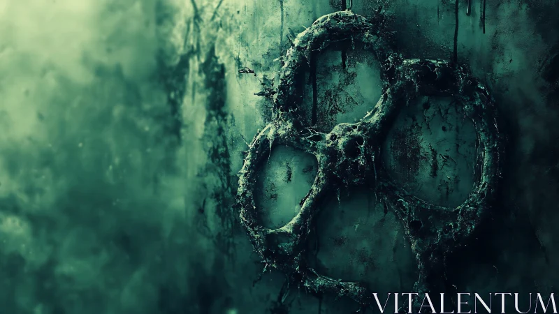 Eerie biohazard emblem glowing in misty green shadows.