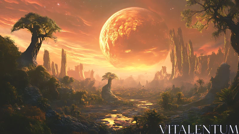 Alien valley under large orange planet at sunset light.