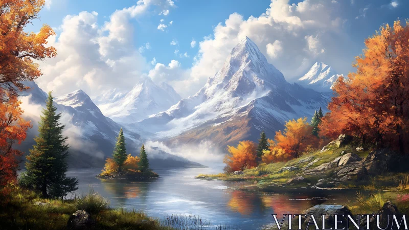 Autumn alpine lake below snowcapped summit in crisp daylight.