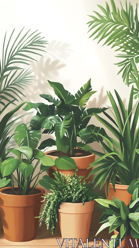 Sunlit terracotta houseplants with layered tropical foliage