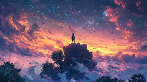 Solitary dreamer atop twilight clouds beneath cosmic sky.