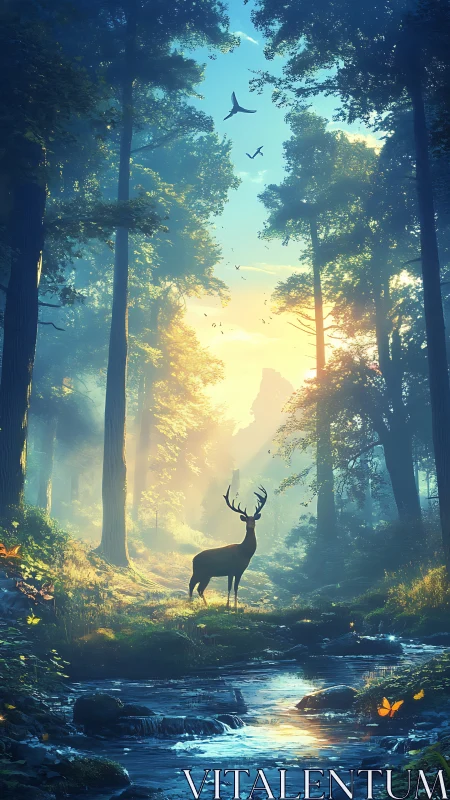 Gentle stag pauses by a sunlit forest stream in morning calm.