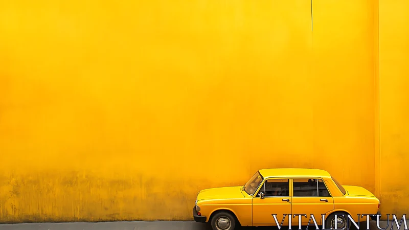 Sunlit yellow sedan drifting through a golden minimalist dreamscape.