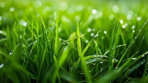 Macro depth-of-field study of dew-covered green grass blades