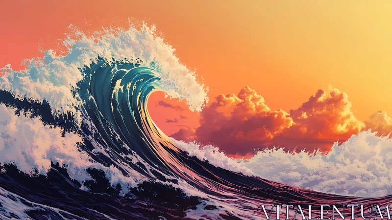 Large curling ocean wave under vivid sunset sky period.