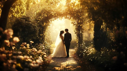 Golden garden wedding stroll under glowing archway light.