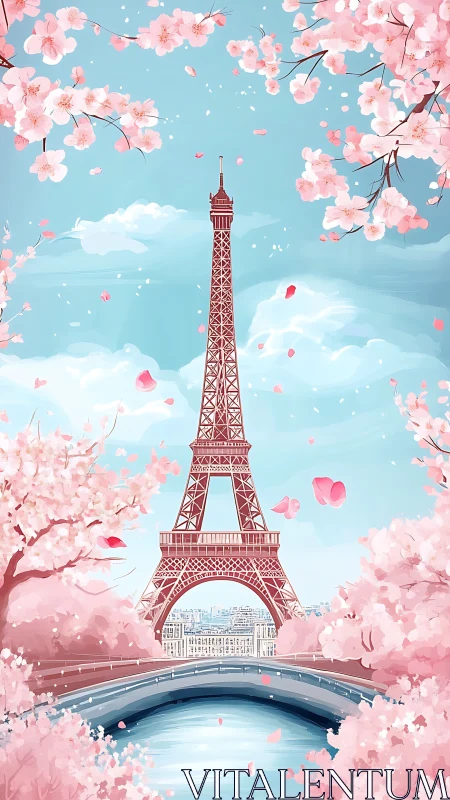 Illustrated Eiffel Tower framed by stylized cherry blossoms