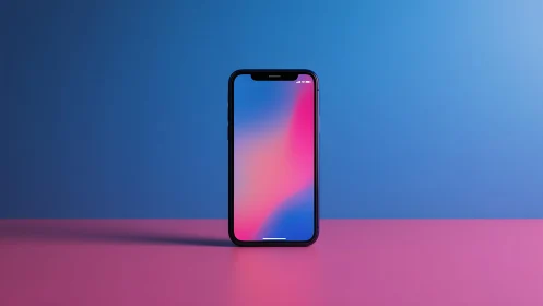 Modern smartphone standing upright on colorful gradient background.