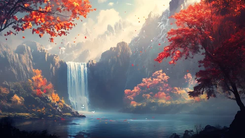 Autumnal mountain waterfall framed by high-saturation red foliage