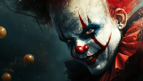 Sinister red-haired clown emerges from dark swirling void.
