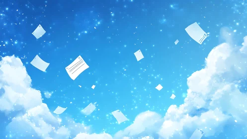 Loose pages drift upward, turning a blue sky into story