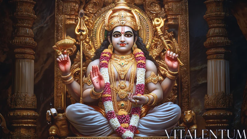 Hindu deity statue seated in ornate golden shrine interior.