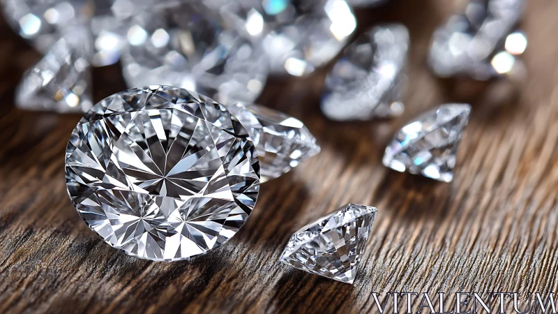 Brilliant cut diamonds scattered on rustic wooden surface.