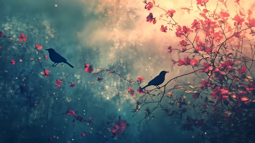 Silhouetted songbirds perch amid luminous red blossom haze