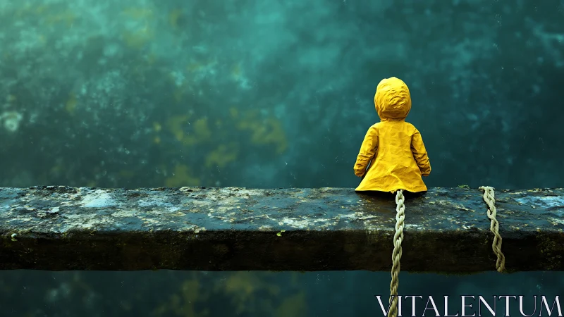 Child in yellow raincoat sitting alone above deep water.