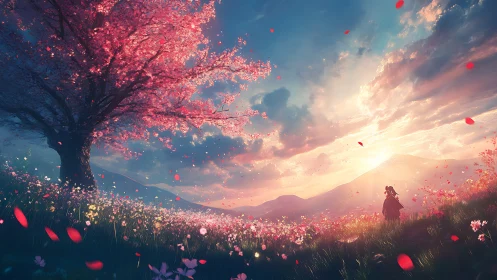 Blossoming cherry tree crowns a glowing fantasy sunset meadow.