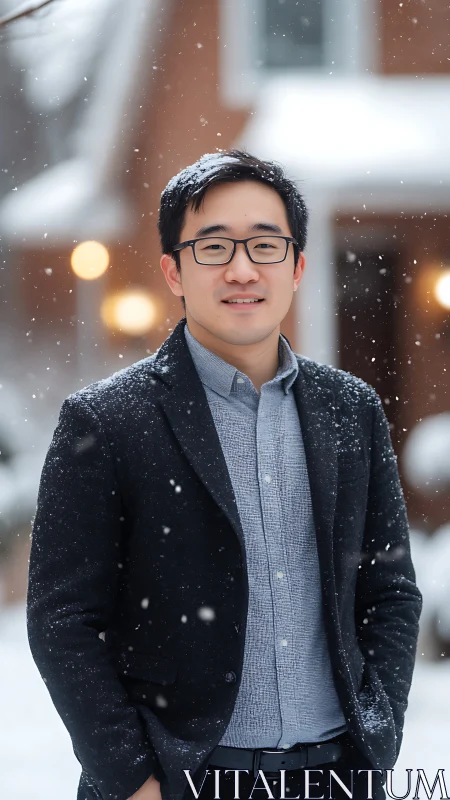 Man in winter coat standing outdoors in falling snow.