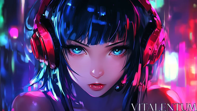 Neon lit anime girl wears red headset and stares forward