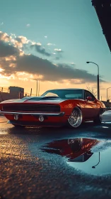 Low-slung red muscle car at sunset on wet pavement.