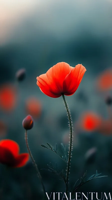 Macro study of luminous scarlet poppy in shallow depth field.