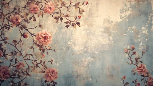 Faded floral branches drift softly across a vintage wall