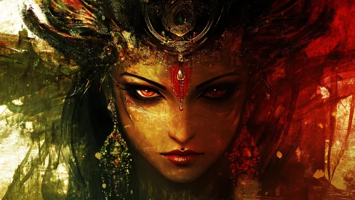 Enigmatic fire goddess portrait rendered in vivid digital strokes