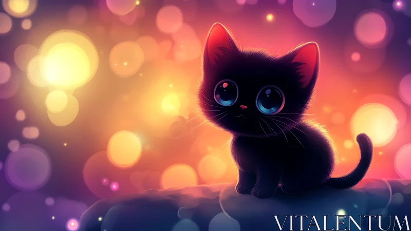 Black Kitten with Luminous Eyes in Bokeh Sunset