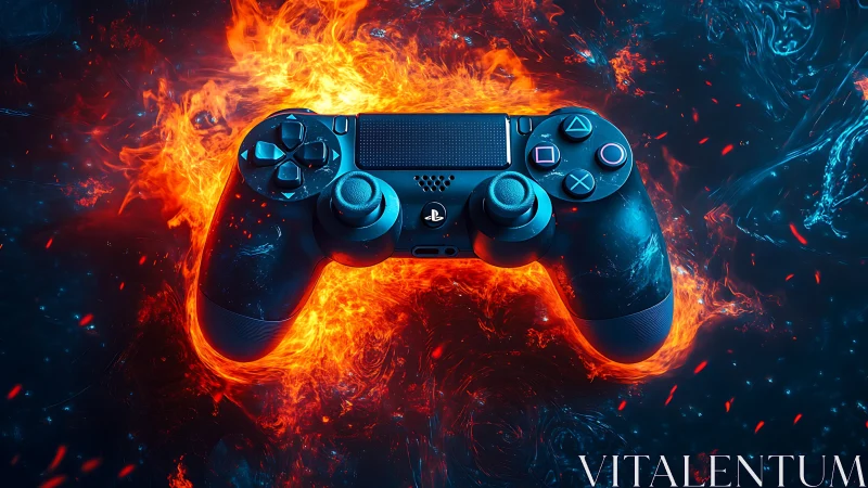 PS4 Controller Engulfed in Flames Against Fire and Ice.