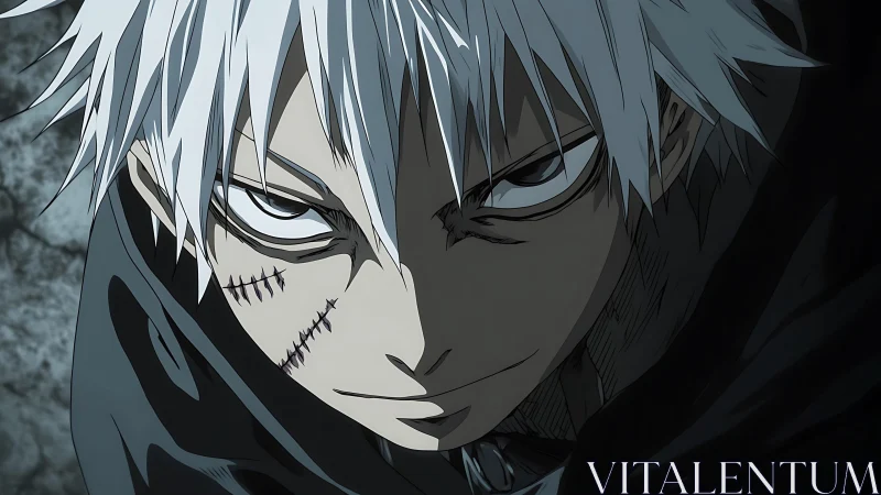 White haired anime antihero with stitched scarred face