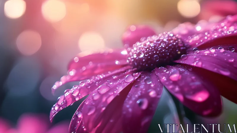 Pink daisy petals covered in water droplets with bokeh background.